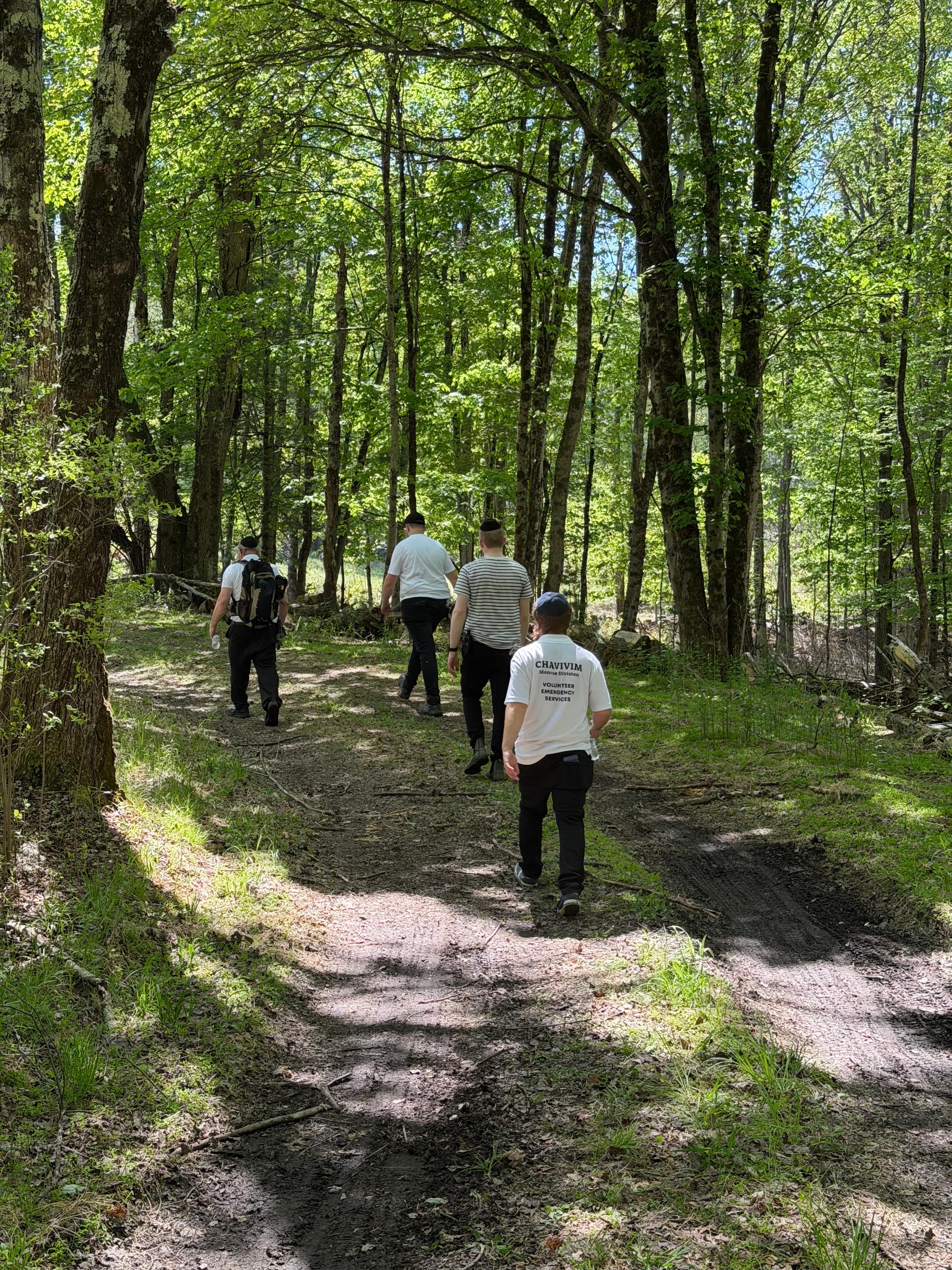 SAR team moving single-file through the forest on a training search