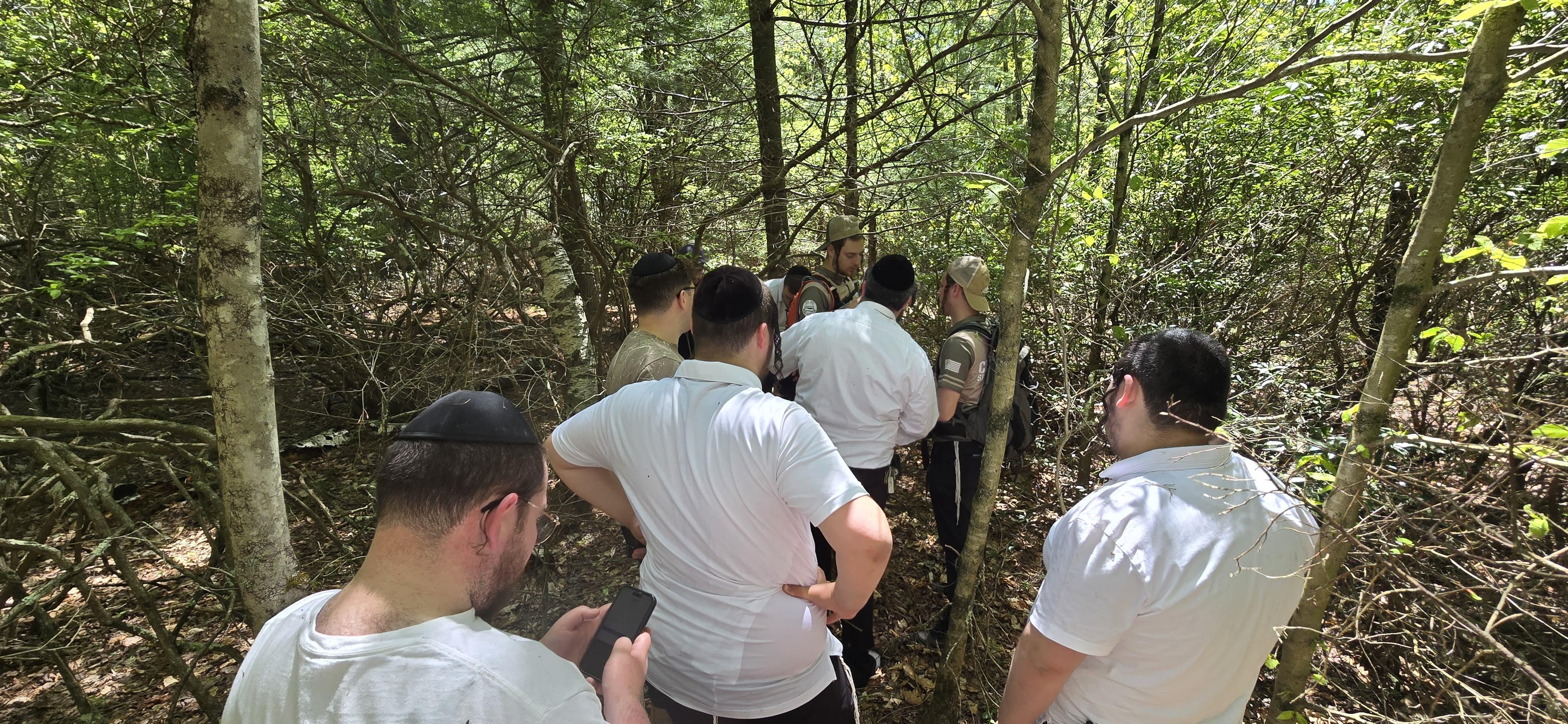 Chavivim members pushing through dense undergrowth and brush during a wooded-terrain search drill