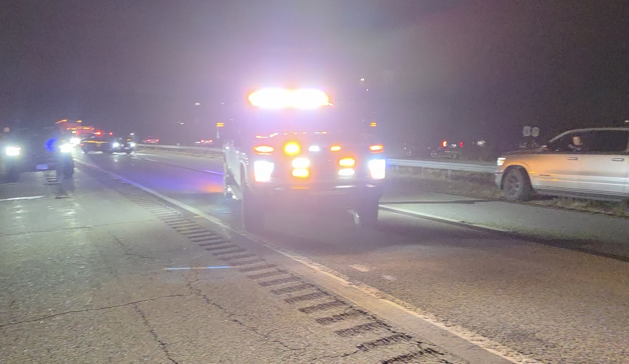 NY State Police vehicles blocking traffic on Route 17 behind the trailer recovery scene